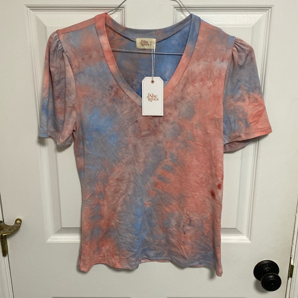Size medium short sleeve blouse. Pink and blue tie dye.